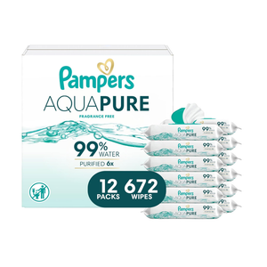 Pampers Aqua Pure Baby Wipes, 99% Water, Fragrance Free, 672 Baby Wipes Total (12X FlipTop Packs)