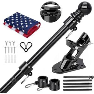 American Flag with Pole Kit for Outside House - 6 FT Black Stainless Steel Flagpole, 3x5 Embroidered US Flag & Wall Mounting Holder Bracket, No Tangle Spinning Flag Pole Kit for Outdoor Porch