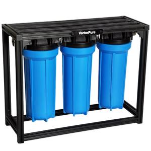 S3 PRO External 3-Stage RV Fresh Water Filter System, High Flow, Oversized Housings, 3/4" GHT Stainless Steel Fittings, Reduce Sediment, Chlorine, Odor, All Aluminum Free-Standing Chassis, Blue