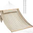 Double Quilted Fabric Hammock with Hardwood Spreader Bars and Pillow 450 LBS Capacity 2 Person Large Hammock for Outdoor Patio Backyard Poolside - Tan