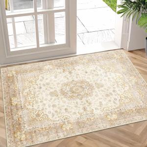 Small Rugs 2'x3',Boho Rug for Entryway Bathroom Kitchen Entrance Doormat,Vintage Bohemian Distressed Washable Accent Indoor Mat Floor Throw Carpet Non Slip,Beige Gold Floral