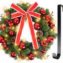 Fohil 16 Inch Christmas Wreath with 30 LED Lights, 8 Modes Pre-lit Christmas Wreath with Pine Cones, Red Berries, Metal Hanger, Battery Operated Xmas Wreath for Front Door Wall Xmas Decorations