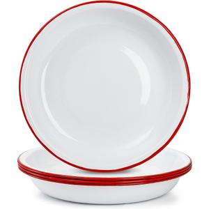 Lawei Set of 4 Enamel Dinner Plates, 10 Inch Round Enameled Camping Plate with Red Rim, Retro Salad Pasta Bowls Enamel Deep Dinner Serving Platter for Dinner, Outdoor, Picnic, BBQ, Butter