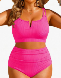 Women Plus Size High Waisted Bikini - Ribbed Two Piece Swimsuit Tummy Control Bathing Suit V-Wired 2025 Swimwear 18 plus, Size S