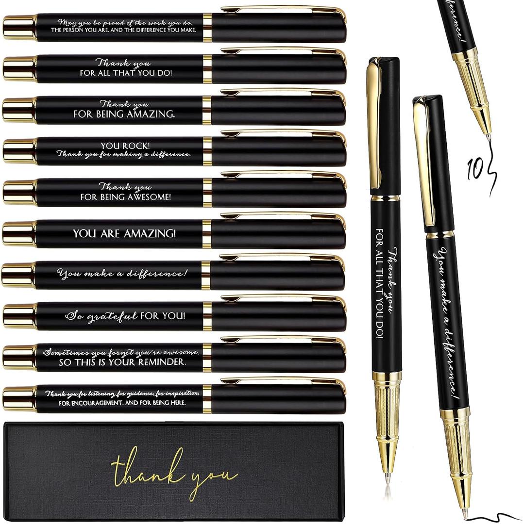 PerKoop 10 Sets Thank You Gifts Appreciation Pens with Boxes for Employee Coworker Team Awards Fathers Day Party Favors Bulk Office Supplies Inspirational Gifts(Black,Mixed)