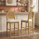 Rattan Counter Height Bar Stools Set of 2, Upholstered Farmhouse Barstools with Natural Rattan Back, Wooden Legs for Kitchen Island, Walnut/Linen