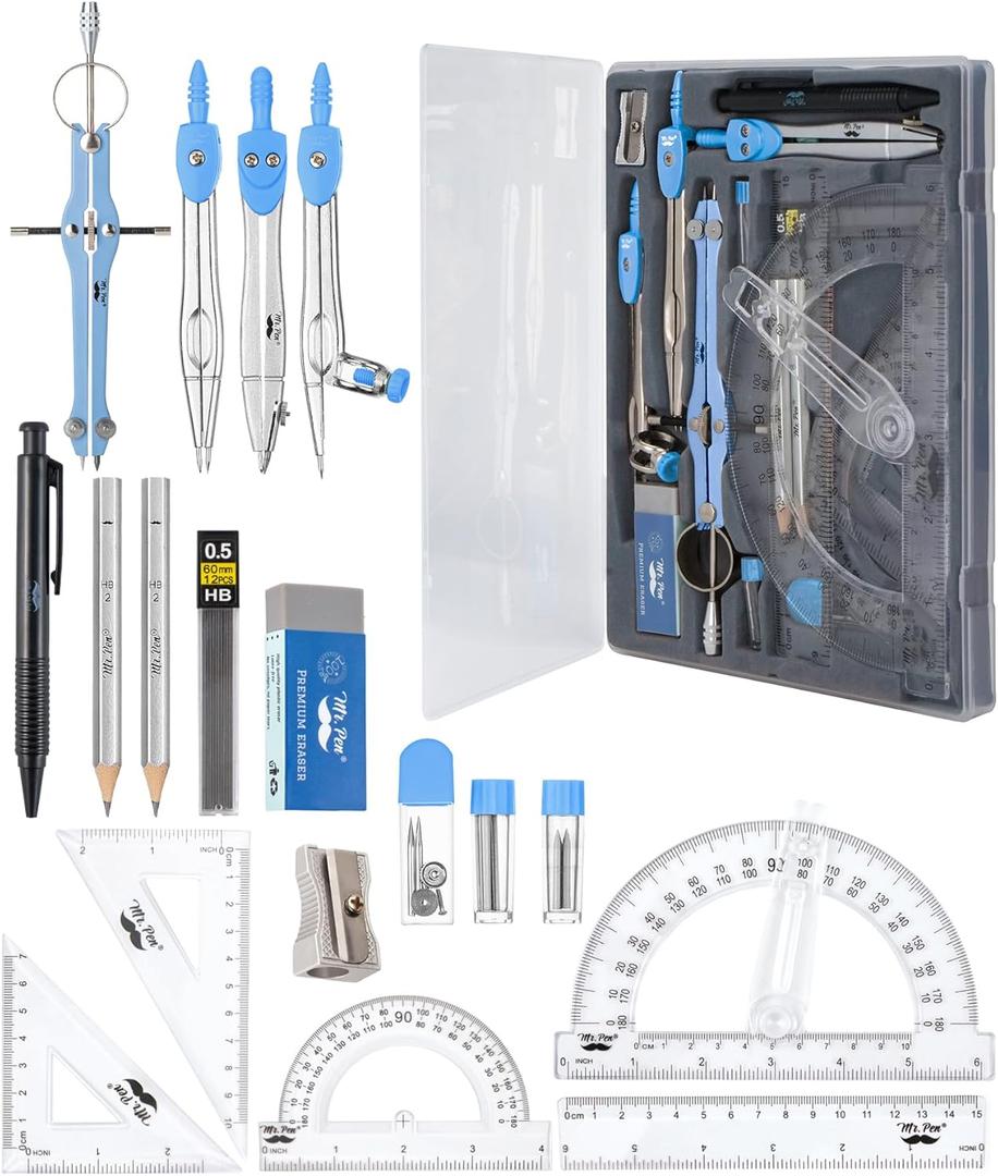 Mr. Pen- Geometry Set, 15 Pcs, Blue, 6 Inch Swing Arm Protractor, Divider, Set Squares, Ruler, Compasses and Protractor