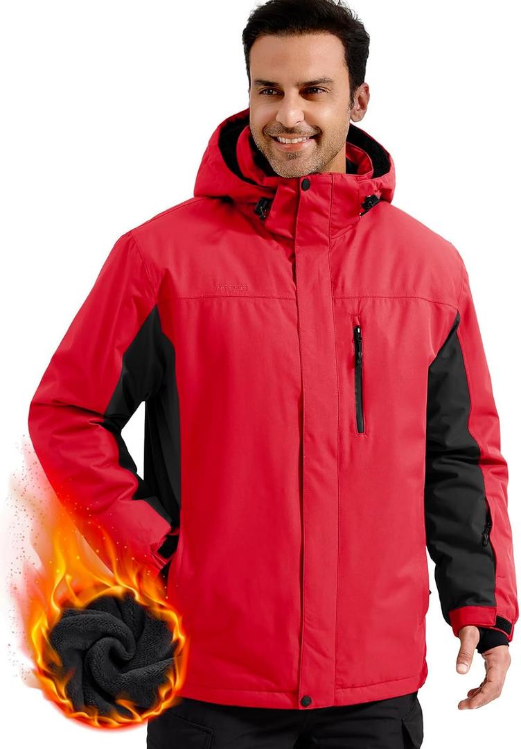 FREE SOLDIER Men's Waterproof Ski Snow Jacket Fleece Lined Warm Winter Rain Jacket with Hood Fully Taped Seams(Red Black, S)