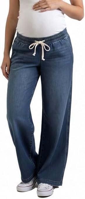 Motherhood Maternity Women's Under The Belly Tie Waist Relaxed Wide Leg Pregnancy Denim Pants, Hansel Wash, Size Medium