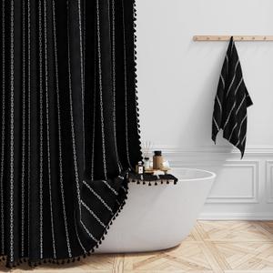BTTN Boho Farmhouse Shower Curtain, Linen Rustic Weighted Striped Fabric Shower Curtain Set with Tassel, Water Repellent, Bohemian Vintage Country Shower Curtains for Bathroom, Black and White, 72x72