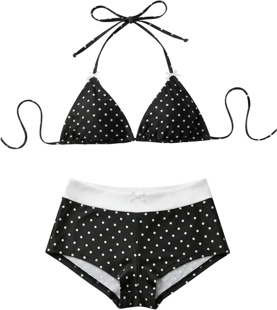 SHENHE Women's Polka Dots Bikini Set Halter Triangle High Waisted Swimsuits 2 Piece Bathing Suit (Black, L)