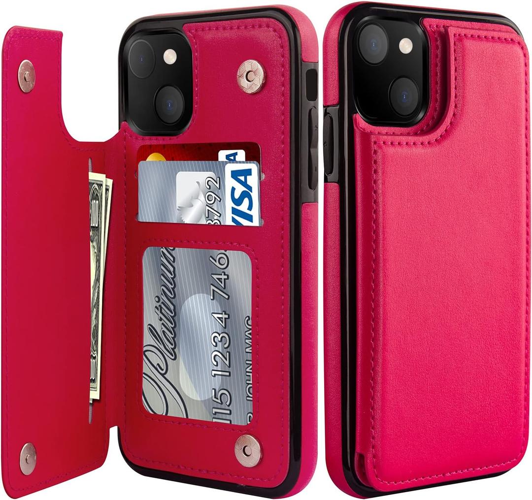 LETO for iPhone 13 Mini Case,Luxury Flip Folio Leather Wallet Cover with Card Slots and Kickstand for Girls Women,Protective Shell 5.4" Hot Pink