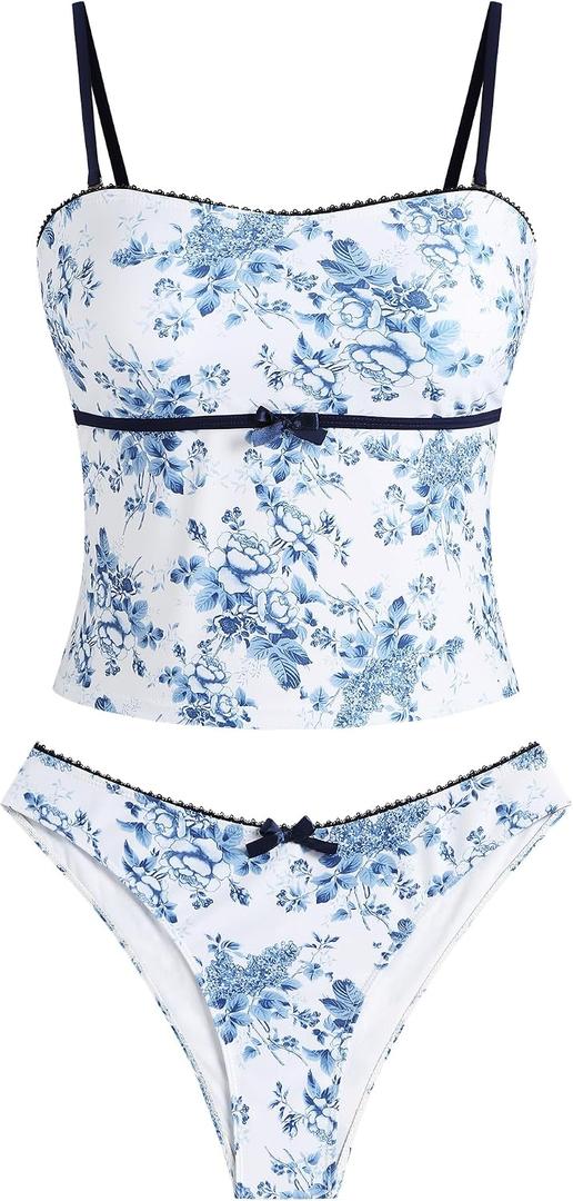 ZAFUL Tankini Swimsuits for Women Bow Tie Side Bathing Suits Tummy Control High Cut Two Piece Bikini Sets (XL)
