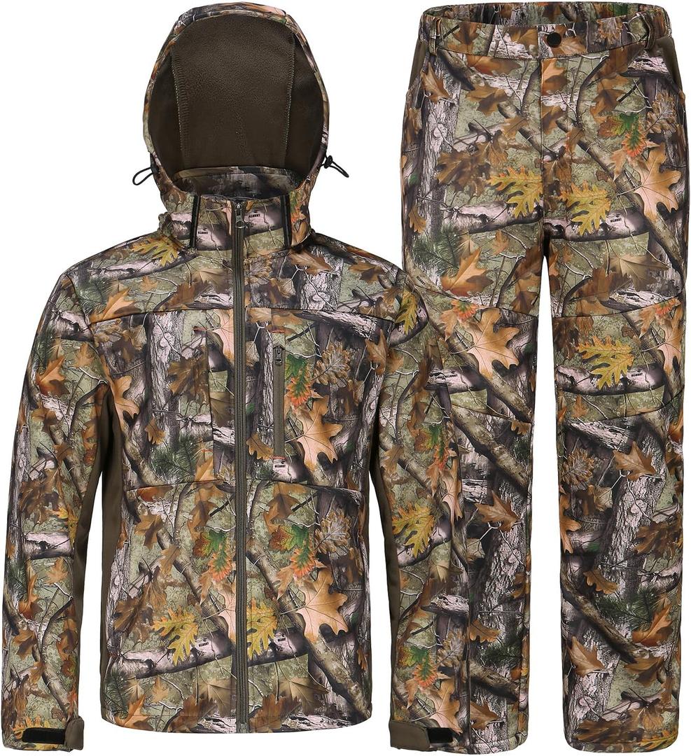 UIIHUNT Hunting Clothes for Men with Fleece Lining, Safety Strap Compatible Water Resistant Silent Hunting Jacket and Pants (Medium, Tree Camo)