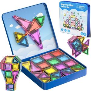 60-Piece Mini Magnetic Tiles Set with Iron Box - Ideal Travel Puzzle Toys for Toddlers Aged 3-5, Montessori STEM Building Blocks, Educational Birthday Gift