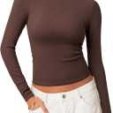 OMKAGI Women Long Sleeve Shirts Cotton Ribbed Fitted Basic Tops Crewneck Y2K Top (Brown, XL)