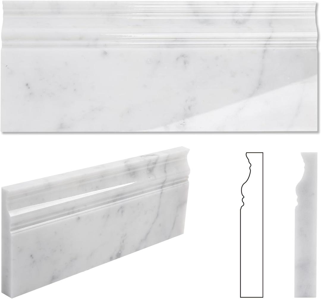 Diflart 4-Pack Carrara White Marble Baseboard Trim Molding, 5 x 12 Inch Crown, Polished, Bianco Italian Carrera Marble Skirting Base Moulding for Shower Bathroom Wall Kitchen Backsplash