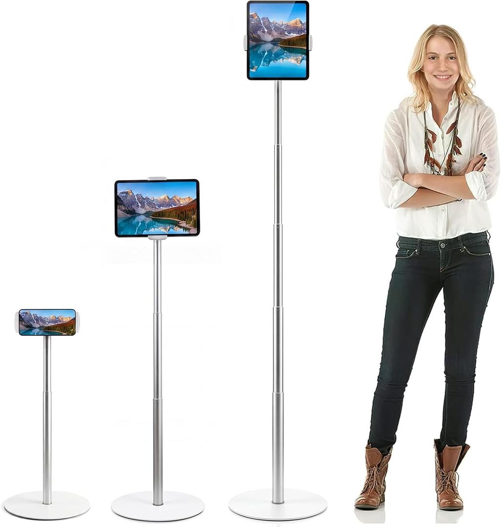 OATSBASF Heavy-Duty iPad Floor Stand - 66.1" Height-Adjustable Universal Tablet Holder, Overhead Bed Stand Fits 4.7-12.9" iPad Pro/Air/Mini, Kindle & Cell Phones, White