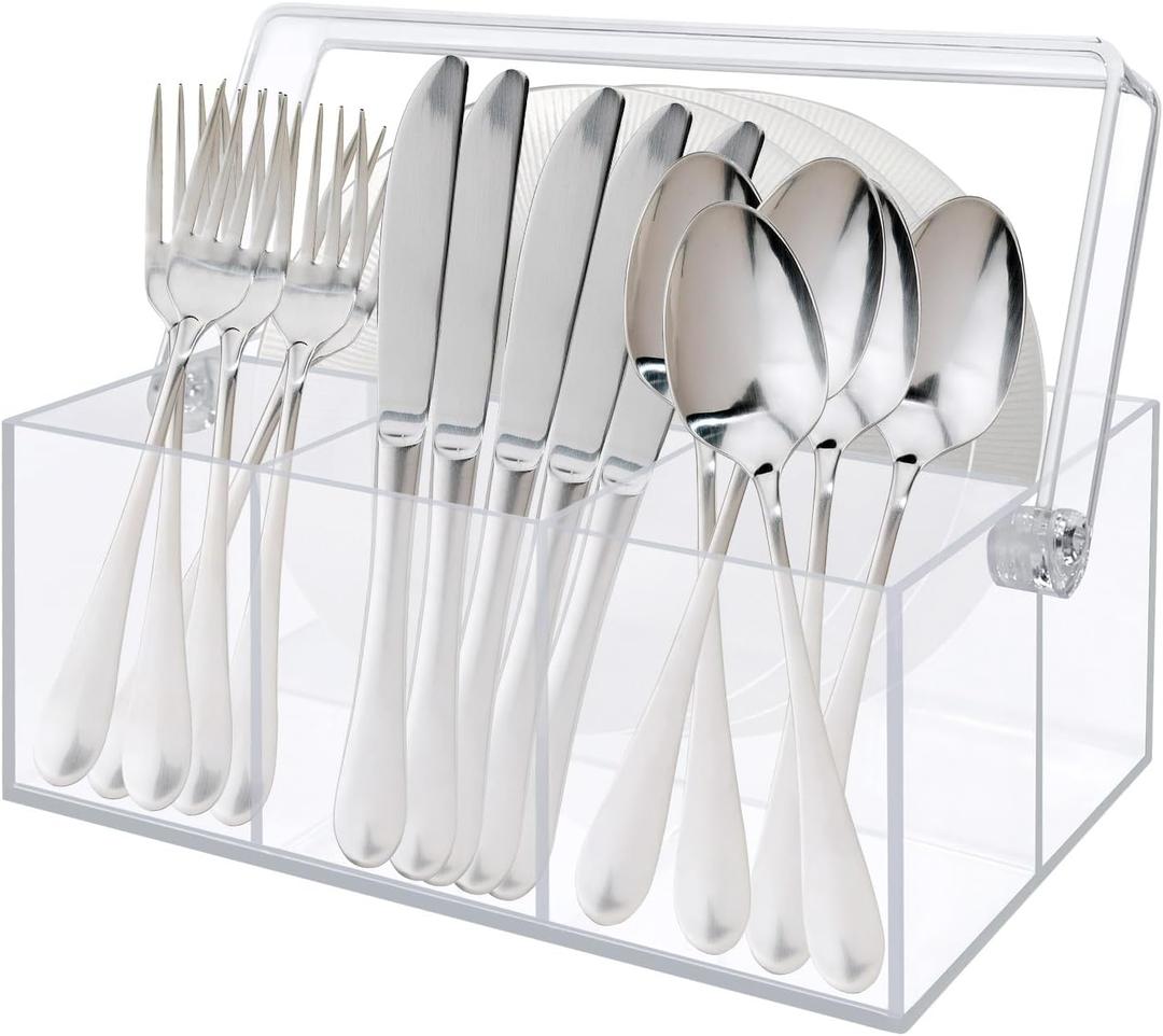 Acrylic Utensil Holder & Silverware Organizer,Space-Saving Heavy-Duty Cutlery Caddy for Spoons,Forks,Knives,Napkins Kitchen Countertop,able,Buffet,Picnic Party (Indoor Outdoor Use)