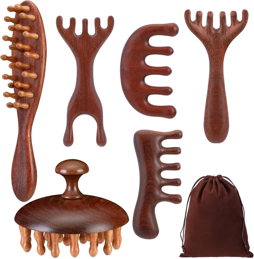 6 Pcs Natural Wooden Scalp Massager Comb Tool Set with Flocked Storage Bag Scalp Massage Tool for Stress Relief, Gua Sha & Therapy for Women Men Hair Growth Body Therapy
