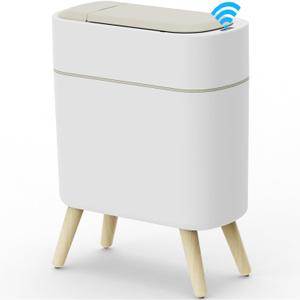 Yatmung Motion Sensor Bathroom Trash Can with Lid 2.5 Gal Smart Trash Bin - Waste Basket for Bedroom, Office, Living Room - Slim Bathroom Garbage Can Automatic Touchless - White with Wooden Legs (1 Pack)