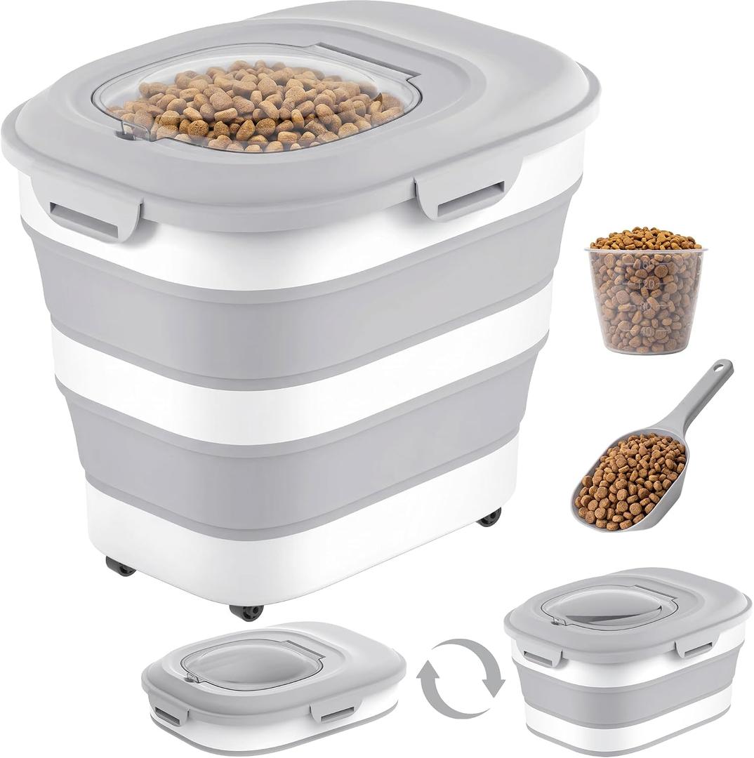 30 Lbs Dog Food Storage Container with Wheels, Collapsible Pet Food Storage Container with Clear Window, Measuring Cup & Scoop, BPA Free Cat Food Container for Rice, Flour, Grain, Bird Seed
