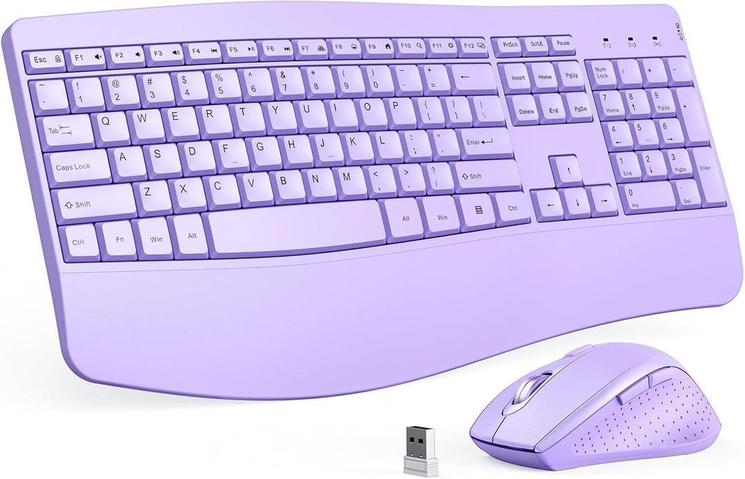 Ergonomic Keyboard and Mouse Combo - Full Size Keyboard Cordless with Palm Wrist Rest Ergonomic Mouse Wireless for Windows Computers Laptops - Light Purple (Upgrade)