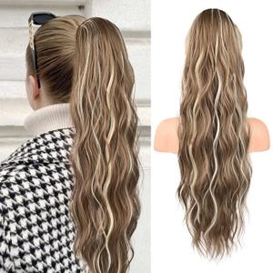 FLUFYMOOZ Ponytail Extension, 26 Inch Drawstring Ponytail Hair Extensions for Women Long Curly Wavy Ponytail Natural Wavy Synthetic Hairpiece for Women (26" Ash Brown with Blonde Highlights)