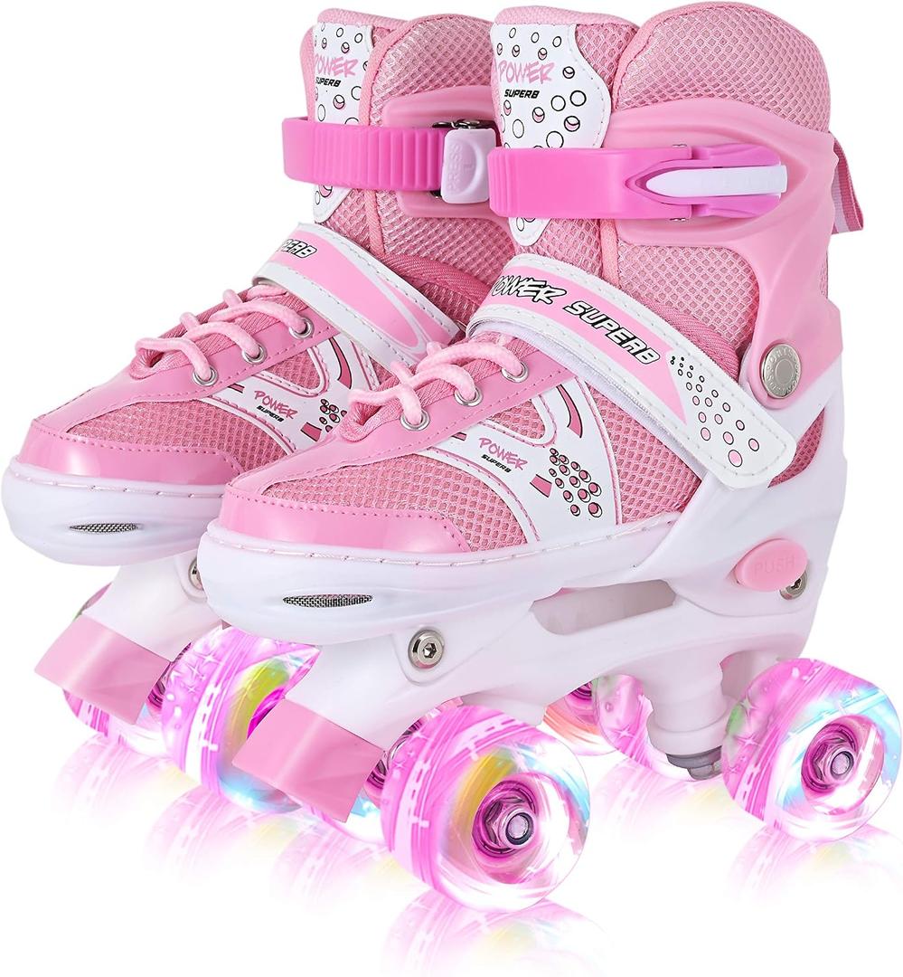 Adjustable Roller Skates for Girls & Kids, 4 Sizes, All Wheels Light Up, Beginner-Friendly,  Pink, Small-Little Kid(J11-1.5)