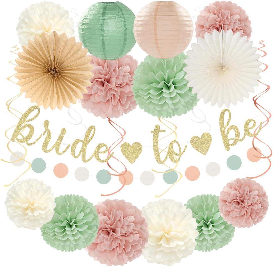 Sage-Green Pink Bridal-Shower Bachelorette Party-Decorations - 22pcs Bride To Be Banner, Beige Paper Lanterns Streamers, Tissue Pom Poms Flowers Fans Favors Wedding Decor Supplies Hugmoon