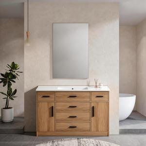 KEIKI 48" Bathroom Vanity w/Sink, Modern Bathroom Cabinet, 2 Soft-Close Doors, 6 Spacious Drawers, Center Cabinet for Tall Items, Wide Countertop, Family-Friendly Bathroom Furniture, Light Oak