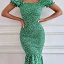 PRETTYGARDEN Summer Floral Bodycon Midi Dresses 2026 Puff Sleeve Mermaid Cocktail Baby Shower Photoshoot Maternity Dress (Green, S)