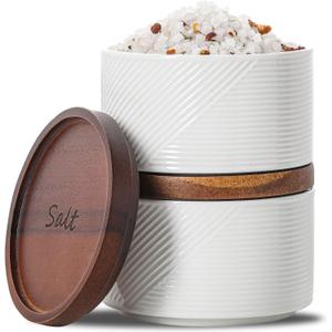 Salt and Pepper Bowls: 10 oz Ceramic Stackable Spice Cellar with Wooden Lid - Stacked Seasoning Storage Containers for Countertop Stovetop - Striped, White