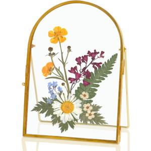 Double Glass Frame for Pressed Flowers, 5x7 Inch Handmade Pressed Flower Frame Metal Floating Picture Frame for Tabletop Display DIY Artwork Home Decor(Arched, Gold)