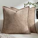 DEZENE Pack of 2 Khaki Decorative Throw Pillow Covers 24x24 Cozy Soft Chenille Accent Vintage Square Couch Pillow Covers for Home Decor Bed Sofa Living Room