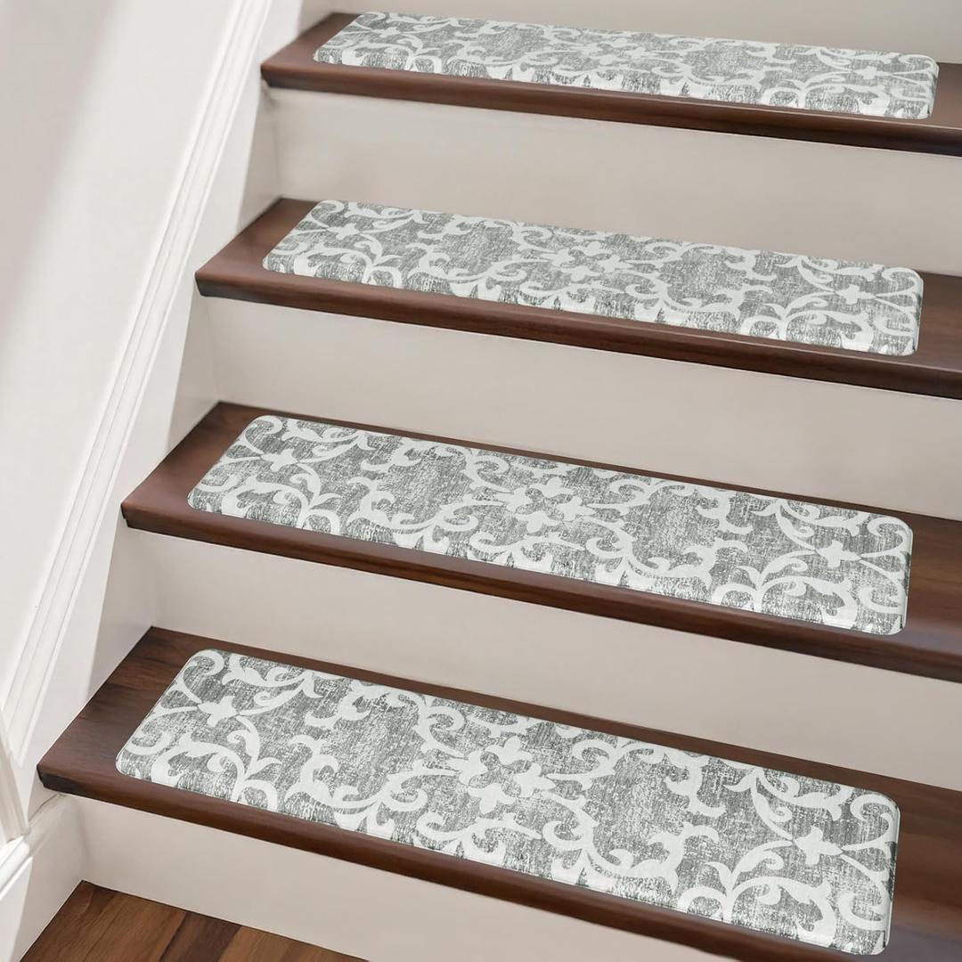 PURE ERA Cushioned Stair Mat, 8 x 30 Inch Non-Slip Stair Treads, Staircase Step Treads Foam Stair Pads, Tape Free Durable Stair Treads for Wooden Steps Washable, Easy to Clean (12 Pieces)