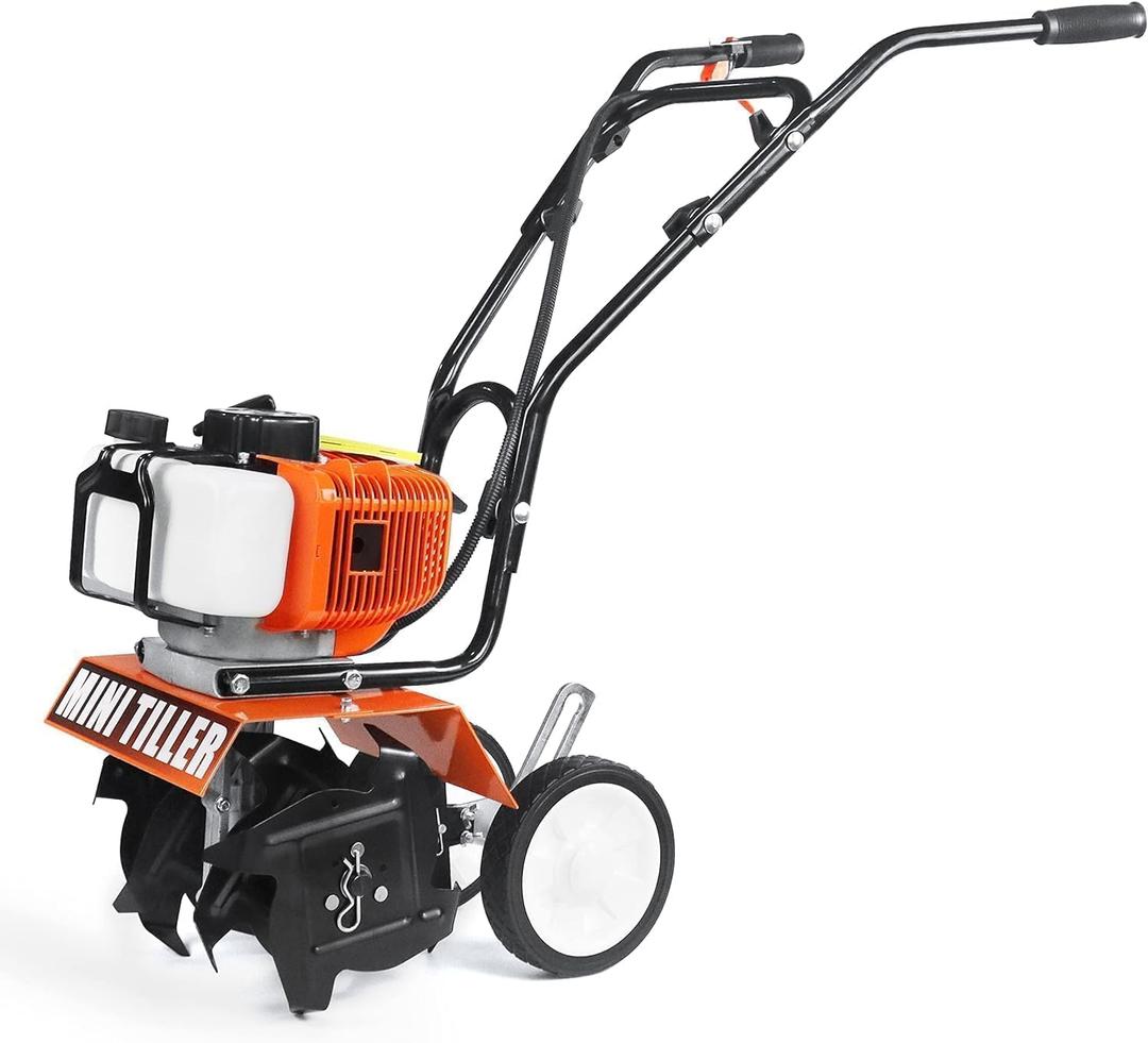 52cc 2 Stroke Gas Powered 4 Premium Steel Adjustable Forward Rotating Tines, Height Adjustable Wheels for Garden & Lawn, Digging, Weed Removal