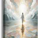 GUBIYU Jesus Wall Art - Jesus Walking on Water Kintsugi Canvas Prints - Christian Art Wall Decor for Church & Home - 16"x24" (White Ocean Blue Brown Art)