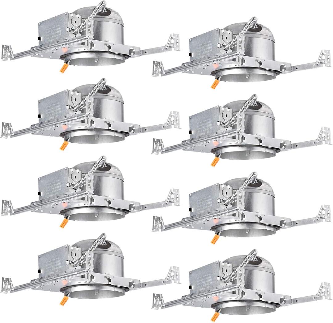 TORCHSTAR 8-Pack 6 Inch Shallow New Construction Recessed Lighting Housing, IC Rated & Air Tight Ceiling LED Downlight Can with J-Box, ETL Listed Slim/Narrow Can Light Housing, TP24 Connector