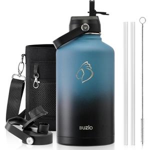 BUZIO Insulated Water Bottle with Straw Lid and Flex Cap, 64oz Double Wall Vacuum Stainless Steel Water Thermo Wide Mouth Lid, Cold for 48 Hrs Or Hot for 24 Hrs Sweat Proof Flask, Indigo Crush