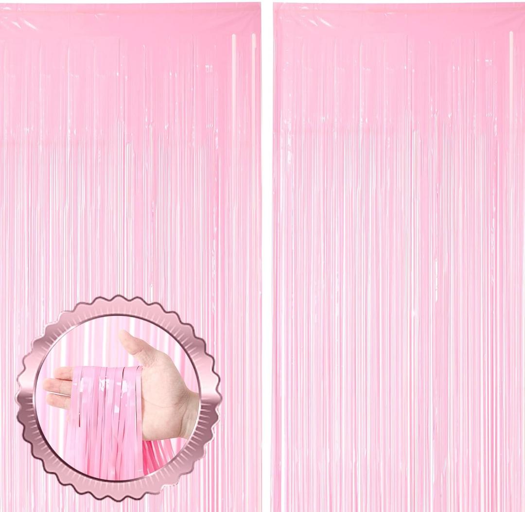 Voircoloria 2 Pack Pastel Pink Tinsel Foil Fringe Curtains, Pink Party Decorations, Metallic Tinsel Party Streamers Backdrop for Birthday Baby Shower, Graduation Wedding Gender Reveal Party Decorations