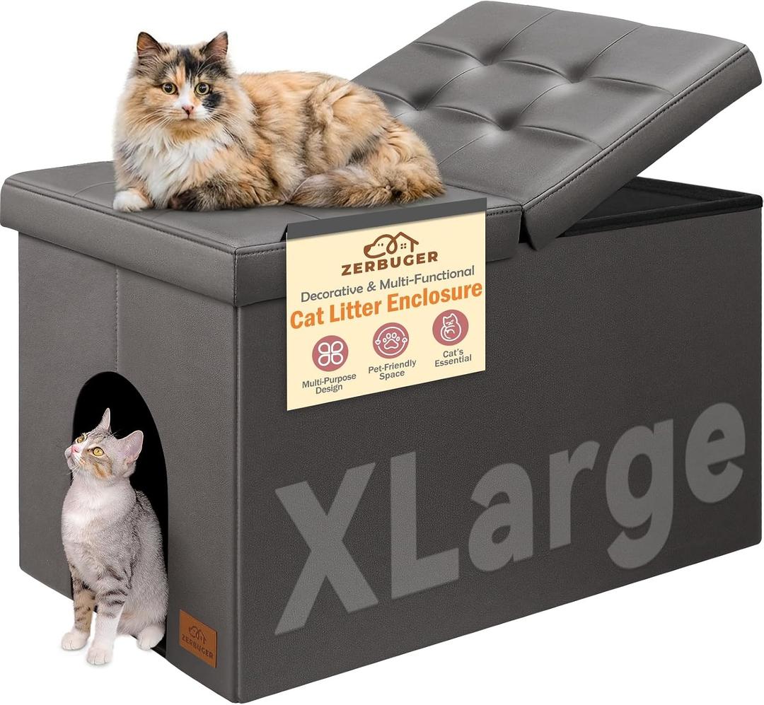 Cat Litter Box Enclosure Furniture for Odor Control, Hidden Cabinet Cat Litter Box Furniture Ottoman with Flip-Up Lid,Cats Litter Box Bench with Storage Space, Dog Proof (Gray-Faux Leather, X-Large)