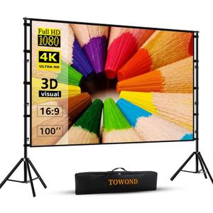 TOWOND Projector Screen and Stand, 100 inch Projection Screen Outdoor Indoor, Portable 16:9 4K HD Rear Front Movie Screen with Carry Bag Wrinkle-Free Design for Home Theater Backyard Cinema