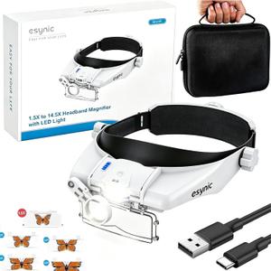eSynic Comfort-Fit Head Magnifier with LED Light 1.5X-13X Magnification Ergonomic Headband MagnifyingGlasses with 5 Interchangeable Lenses + Storage Case for Reading/Jewelry/Crafts