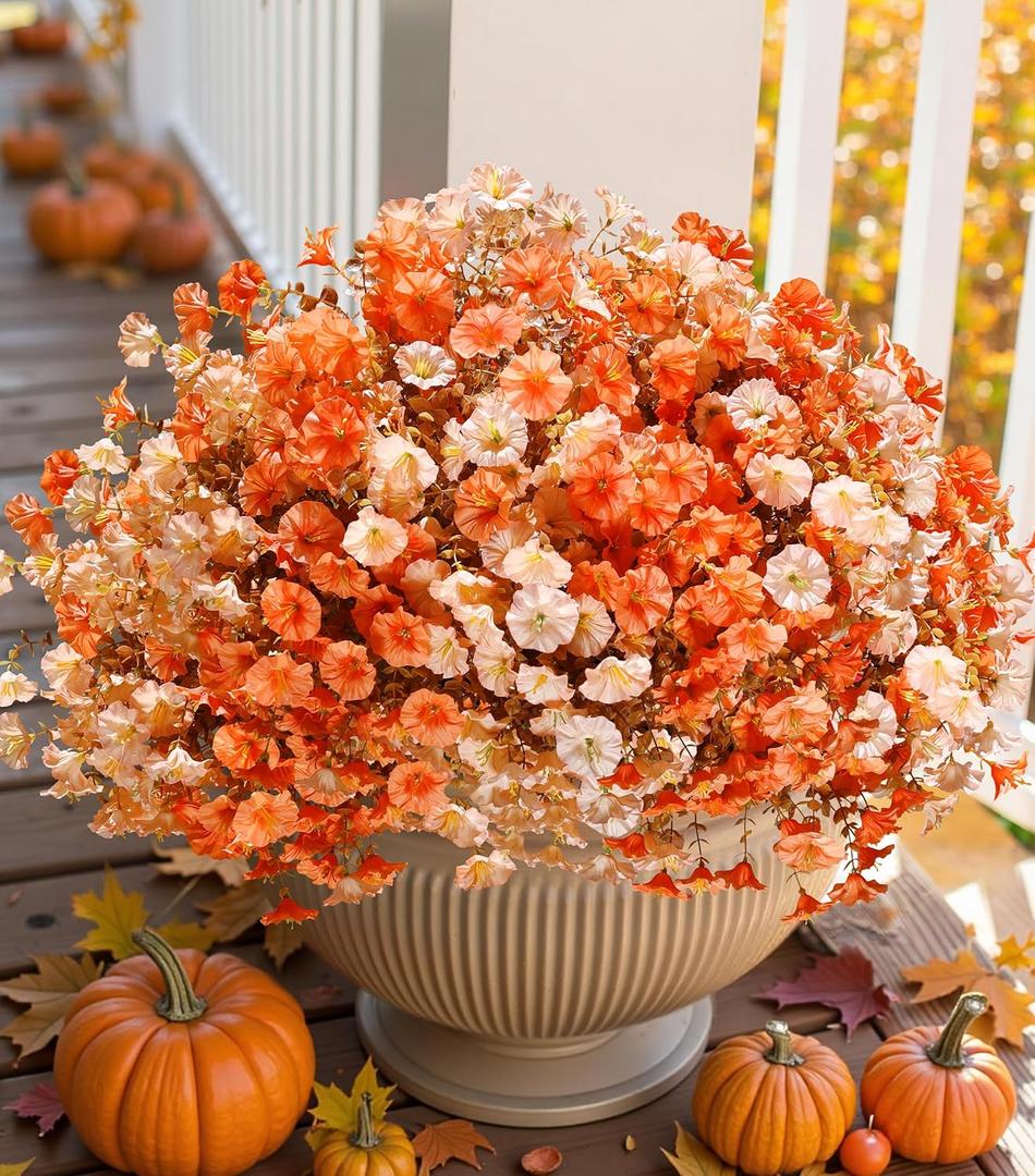 HyeFlora Artificial Flowers for Outdoors Fake Plants Outside Decoration, 12 Bundles Silk Morning Glory UV Resistant Look Real Faux Flowers for Planter Front Door Porch Patio Yard Gardens Home, Color: 2 Mixed(6 Light Orange, 6 Orange)