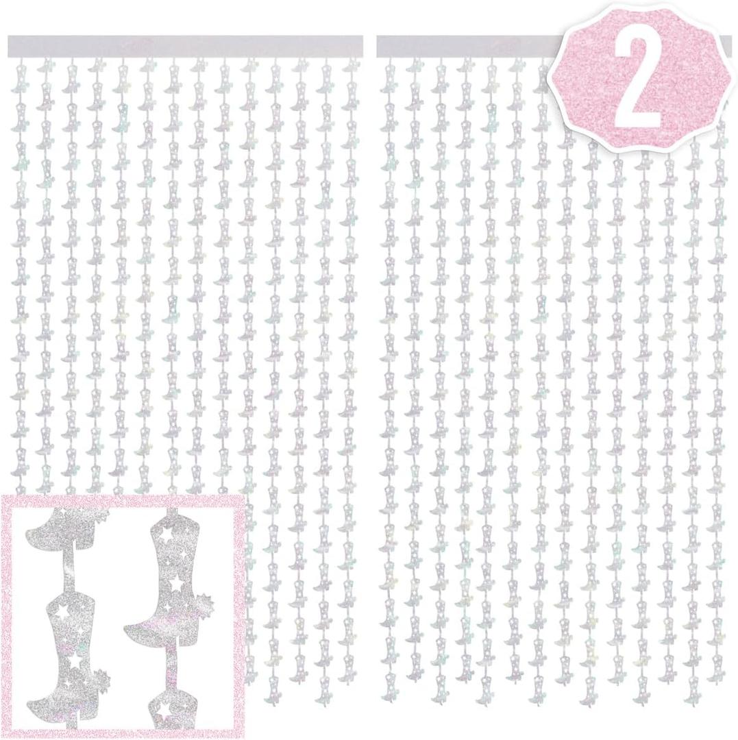 xo, Fetti Cowgirl Boot Iridescent Foil Curtain - Set of 2 | Bachelorette Party Decorations, Cowgirl Birthday Photo Booth, Last Rodeo Backdrop, Nashville, Cow Rodeo Theme, Space Cowboy