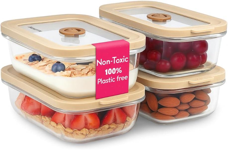 Ziruma Non-Toxic 1.5 cup Glass Food Storage Containers with Lids - Overnight Oats, Plastic Free Meal Prep, Reusable, Airtight, Microwave and Freezer Safe, 4 Pack