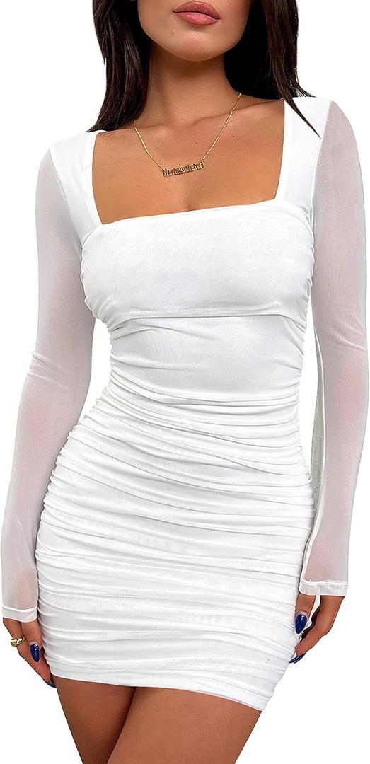 BORIFLORS Women's Sexy Ruched Bodycon Mini Dress Mesh Long Sleeve Club Party Short Dresses (Large, White)