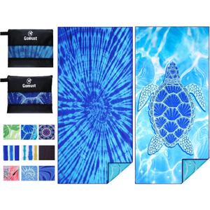 2 Pack Lightweight Thin Beach Towel Oversized 71"x32" Big Extra Large Microfiber Sand Free Towels for Adult Quick Dry Travel Camping Beach Accessories Vacation Essential Gift Blue Tie Dye Turtle