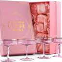 GLASSIQUE CADEAU Vintage Art Deco Blush Pink Coupe Glasses with Gold Rims | Set of 4 | 7 oz Crystal Ribbed Cocktail Glassware for Drinking Champagne, Martini, Cosmopolitan | Girly Speakeasy Saucers